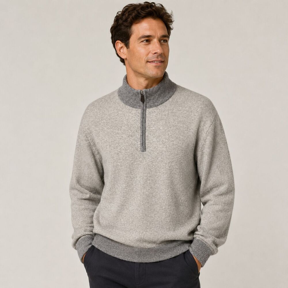 Neiman Marcus 100% Cashmere Birdseye Quarter Zip Mock Neck Sweater Mens L Gray